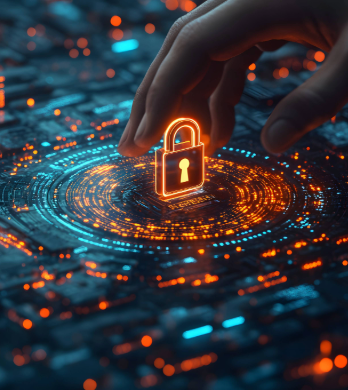 A close-up of a hand interacting with a futuristic holographic interface featuring a glowing padlock icon, symbolizing cybersecurity,